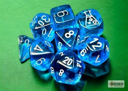 Translucent Tropical Blue/White 7-Dice Set + Bonus Die | Dive into Tropical Gaming Fun