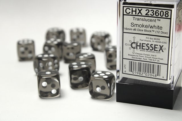 Translucent Smoke/White 16mm D6 (12) - Premium Dice Set for Gaming Enthusiasts