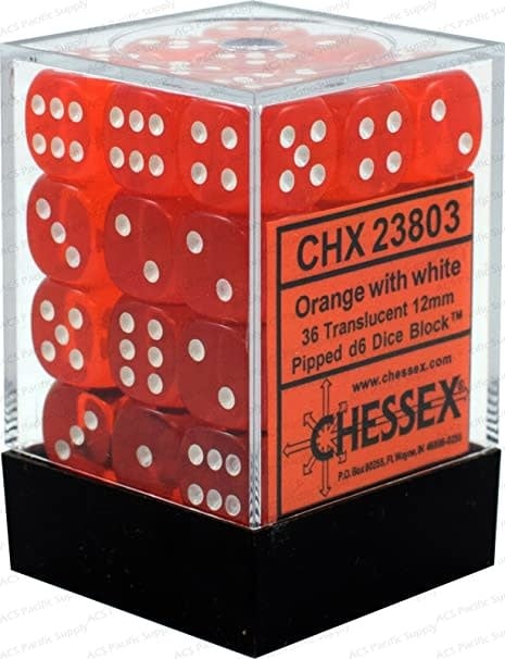 Translucent Orange/White 12mm d6 Dice Block (36 Dice) - Roll in Style with Vibrant Precision!