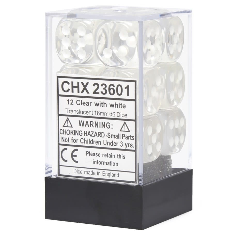 Crystal Clear 16mm D6 (12) Dice Set - Roll in Style with Translucent White Delight