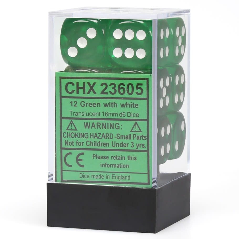Translucent Green/White 16mm d6 Dice Set (12 Pieces) - Roll in Style and Luck!