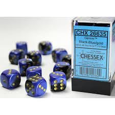 Enhance Your Game with Gemini® 16mm d6 Black-Blue/gold Dice Block (Set of 12)