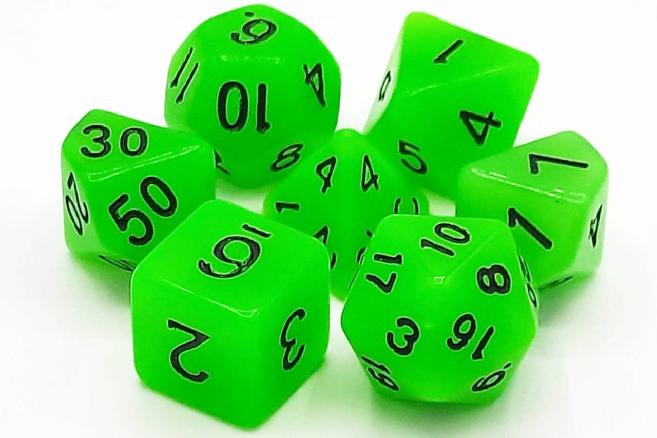 Summon Adventure: Old School 7 Piece Glow Dice Set in Enchanting Green