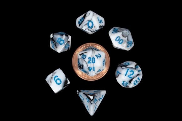 Mini Marble Polyhedral Dice Set with Blue Numbers - Roll in Style!