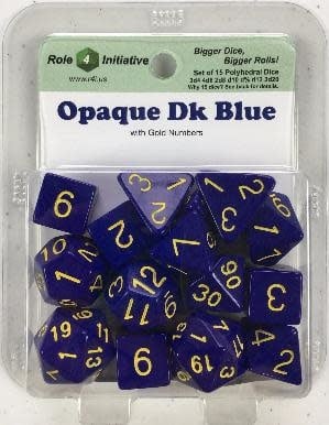 Polyhedral Dice Set: Vibrant Opaque Dark Blue + Gold Numbers - 15 Die Pack
