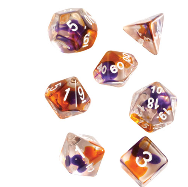 Enhance Your Quest with RPG Dice Set (7) in Stunning Purple and Orange Clear