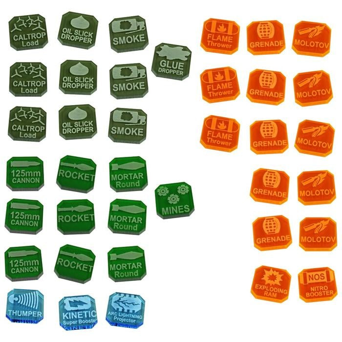 Gaslands Weapons Tokens Set: Enhance Your Game with 38 Multi-Colored Tokens