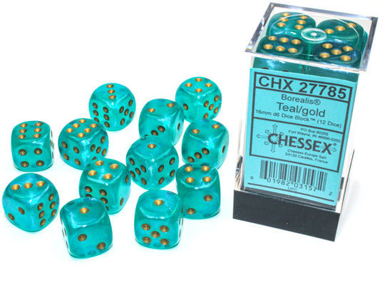 Borealis Teal/Gold Luminary Dice: 16mm d6 Block (12) - Illuminate Your Game!