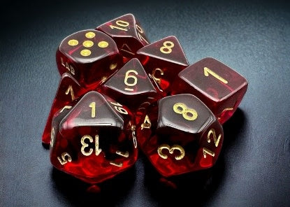 Magical Translucent Crimson/Gold 7-Dice Set with Bonus Die - Unleash Your Gaming Destiny!