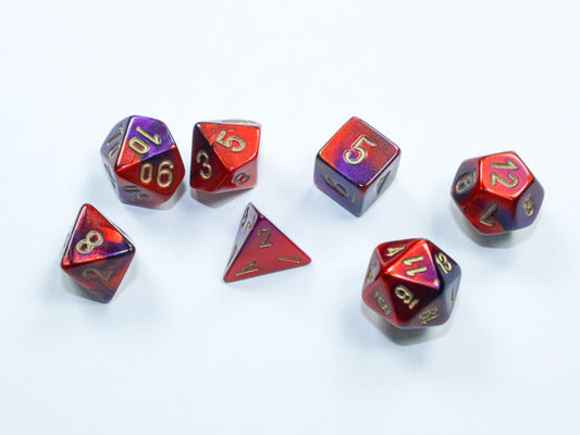 Unleash Cosmic Charm with Gemini Purple-Red/gold Mini-Polyhedral 7-Dice Set