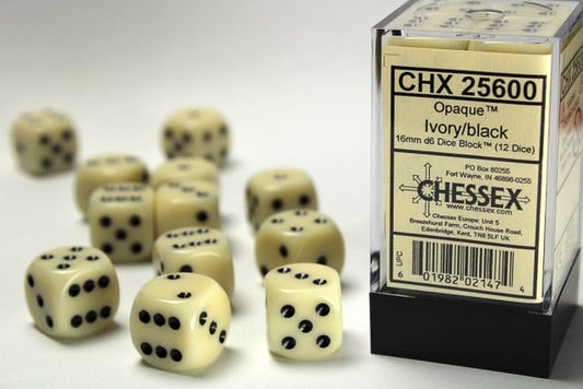 Premium Opaque Ivory/Black 16mm D6 Dice Block - Set of 12 High-Quality Dice