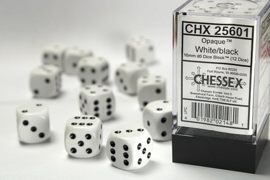 Enhance Your Game with Opaque 16mm d6 White/Black Dice Block - Set of 12
