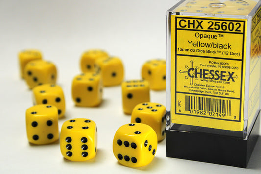 Dazzling Opaque Yellow/Black 16mm d6 Dice Block - 12 Dice Set, Roll in Style!