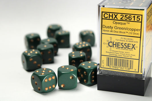 Unleash Your Luck: Opaque 16mm Dusty Green/Copper Dice Set (12 Count)