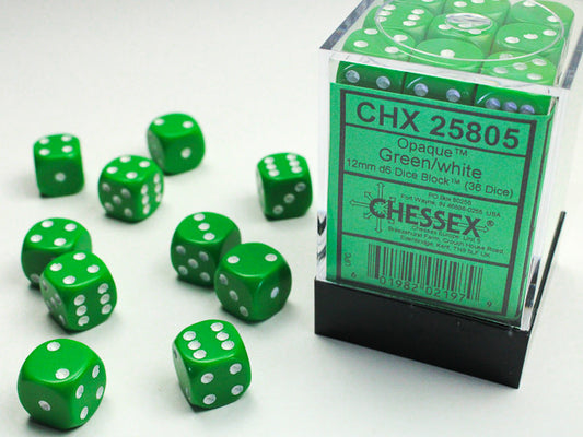 Enhance Your Game with Opaque Green/white 12mm d6 Dice Block - 36 Dice