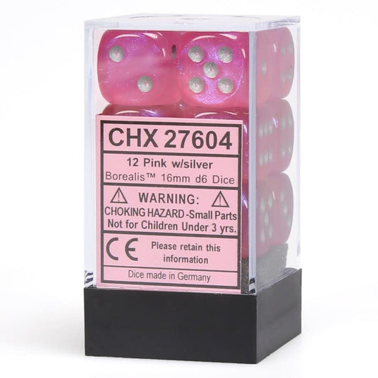 Borealis Pink/silver Luminary 16mm 12 Dice Block: Sparkle Your Luck!
