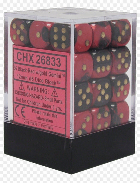 Gemini® 12mm d6 Black-Red/gold Dice Block (36 dice) - Unleash Elegance and Luck