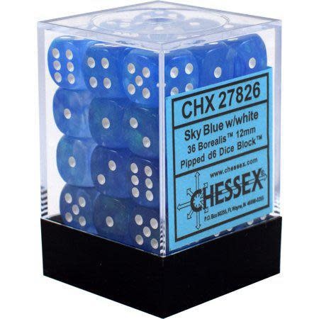 Borealis Sky Blue/white Luminary 12mm d6 Dice Block: 36 Dice Set for Magical Gameplay