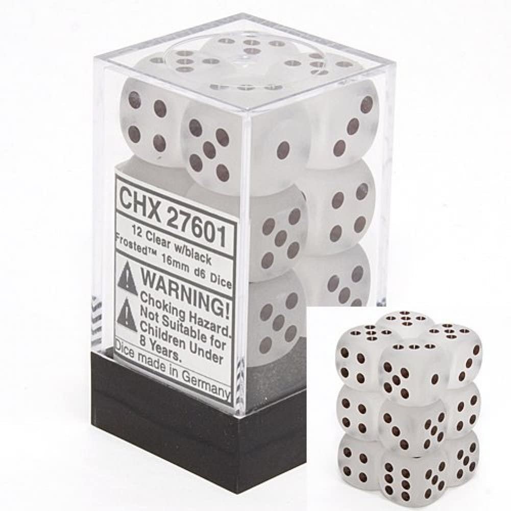 Frosted Smoke/White 16mm D6 Dice Set (12) - Enhance Your Game Night with Stylish Dice!