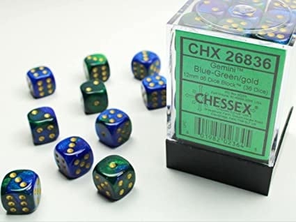 Gemini 12mm Blue-Green/Gold Dice Set - Premium 36-Piece Block