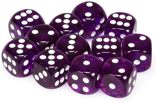 Enhance Your Game with Translucent Purple/White 16mm d6 Dice Set (12 Dice) - Roll in Style!