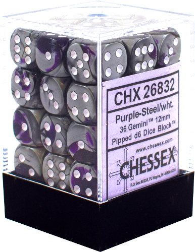 Gemini® 12mm Purple-Steel/White Dice Block (36) - Roll in Style & Magic!