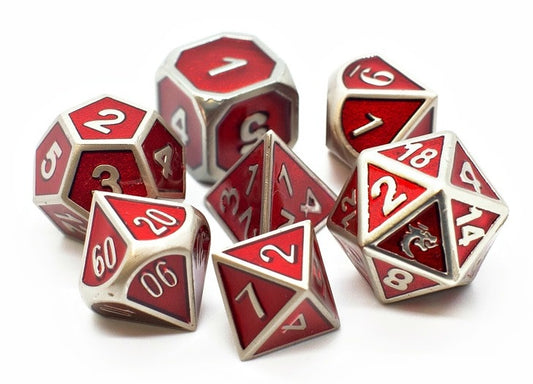 Elven Forged 7 Piece DnD Metal Dice Set in Metallic Red - Unleash Your Quest