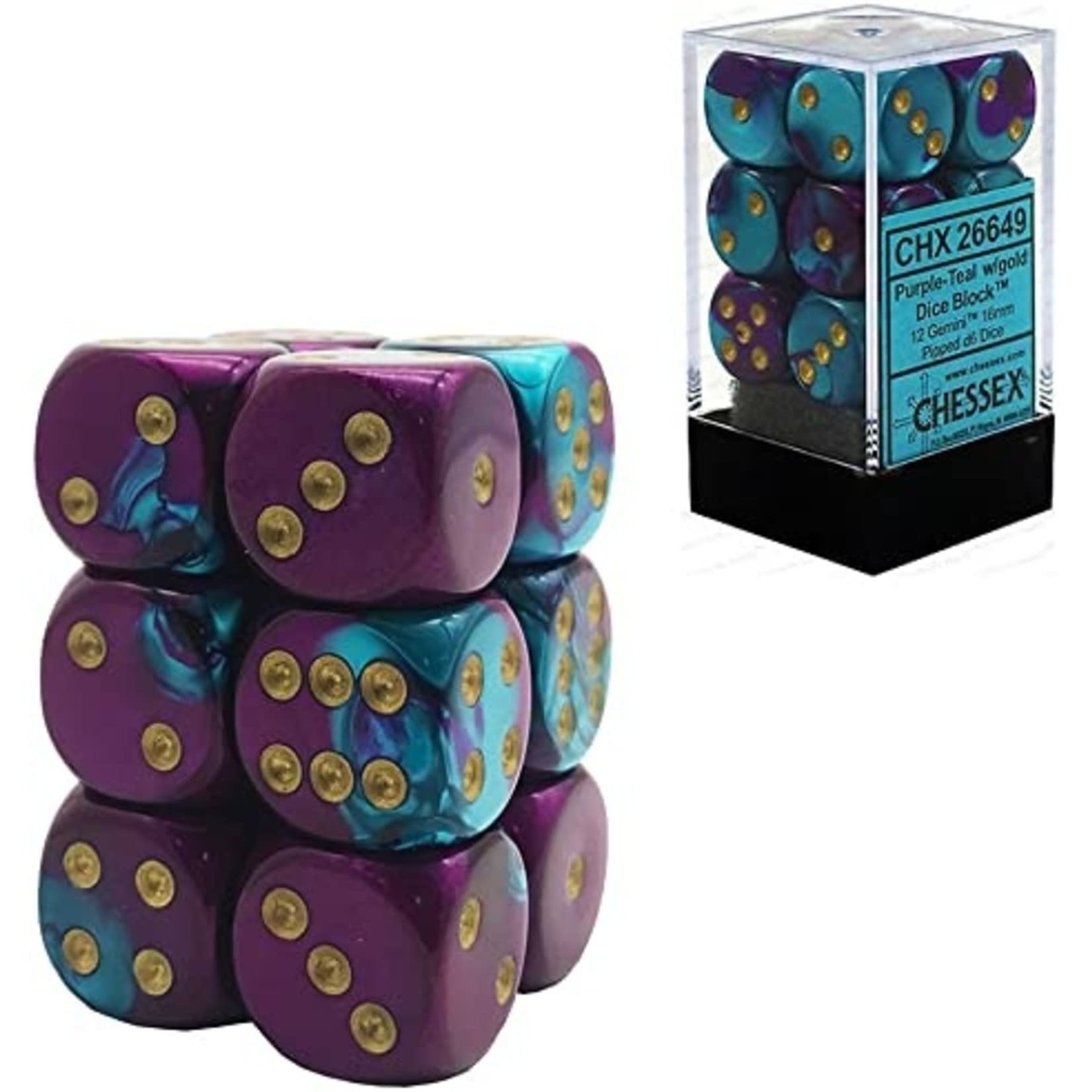 Gemini® 16mm d6 Purple-Teal/gold Dice Block: Spark Your Game with Stunning Colors!