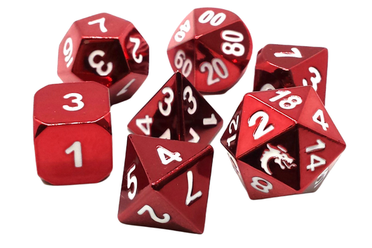 Vintage 7 Piece Metal RPG Dice Set: Halfling Forged in Electric Red