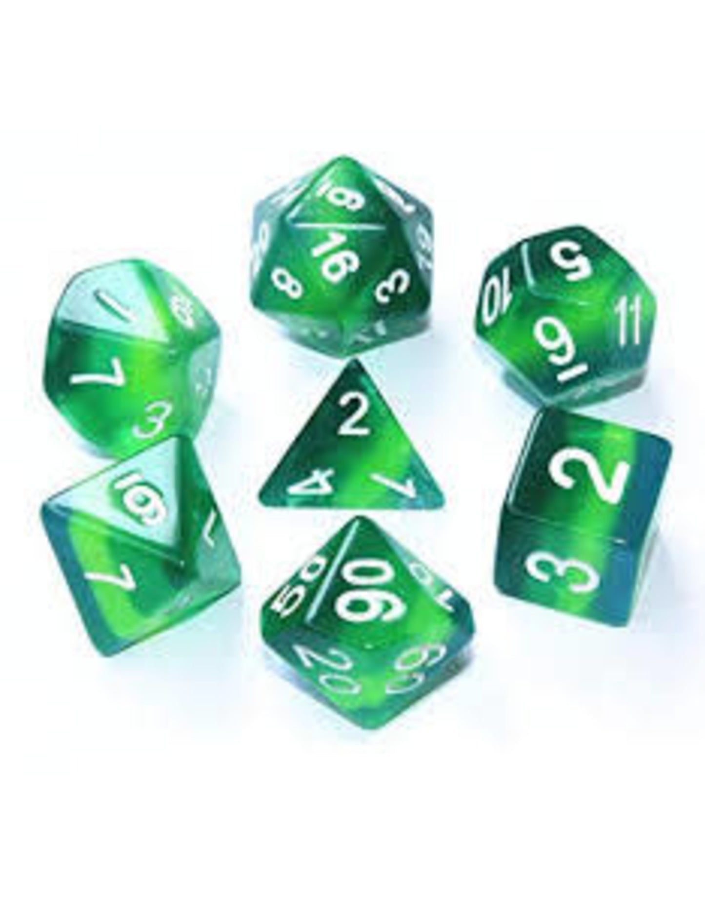 Discover the Enchanting Gradient Green-White Poly Dice Set (7) for Your Gaming Adventure!
