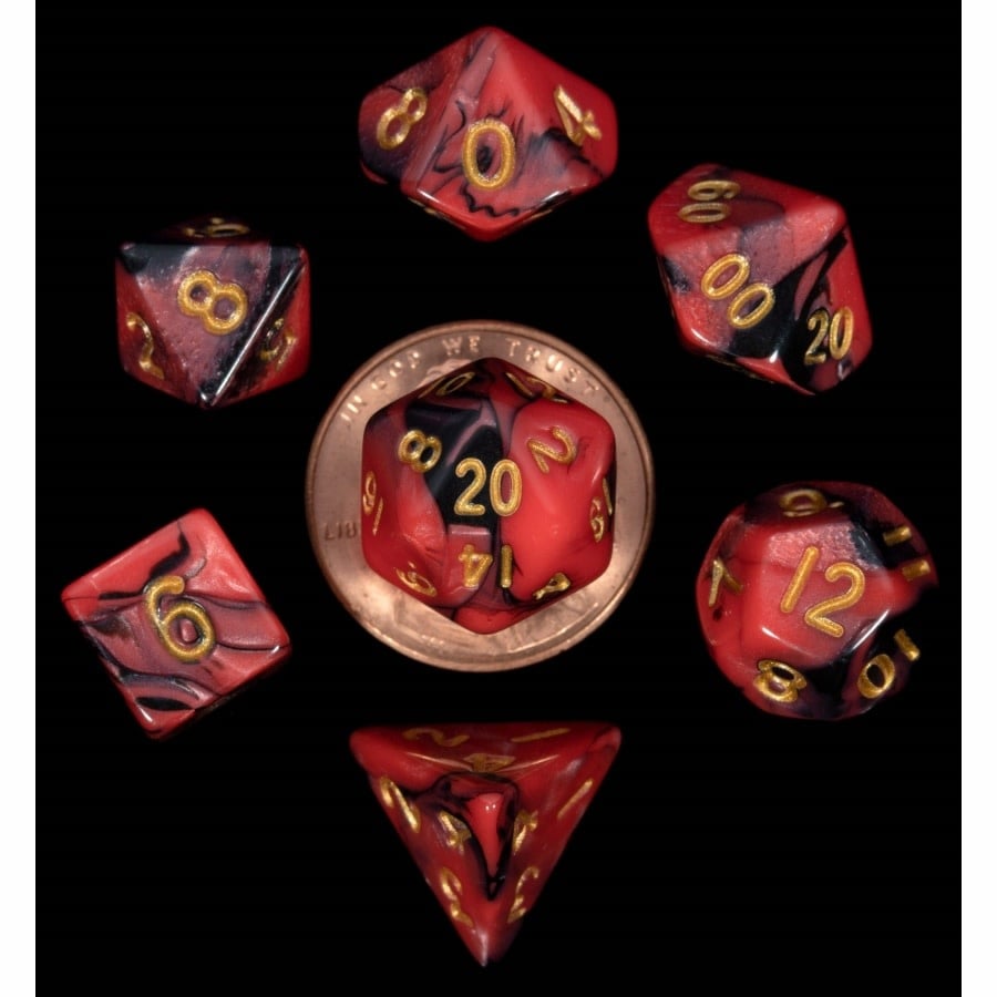 Red/Black Mini Polyhedral Dice Set with Gold Numbers - Roll in Style!