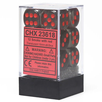 Enhance Your Game with Translucent Smoke/Red 16mm D6 (12) - Roll in Style!