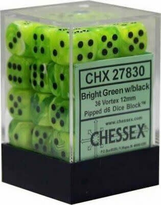 Vibrant Vortex Bright Green/Black 12mm d6 Dice Block (36 Dice) - Enhance Your Game Night Experience