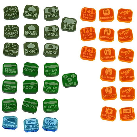Gaslands Weapons Tokens Set: Enhance Your Game with 38 Multi-Colored Tokens